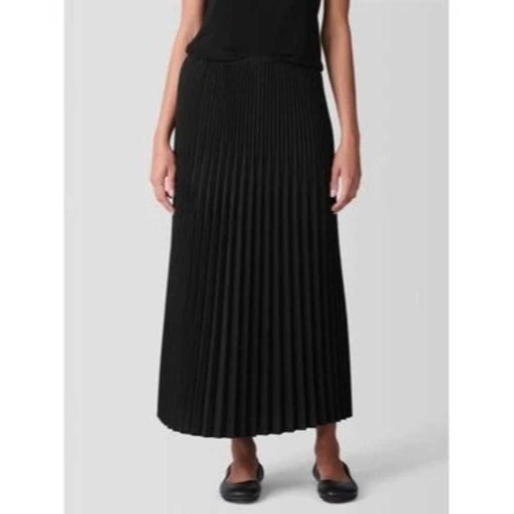 EILEEN FISHER Wool Silk Pleated Midi Skirt Black NWT $328